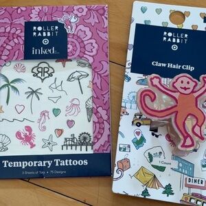 Roller Rabbit x Target Temporary Tattoos & RR Monkey Claw Hair Clip NWT